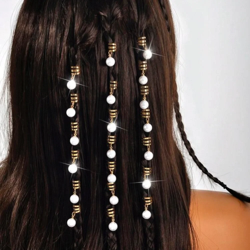 40 Pack Pearl Pendant Golden Hair Cuffs Set Braids Beads Loop Rings Clips